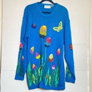 CEDAR  tight Knit beaded patc garden size L turquoise long sleeve pullover